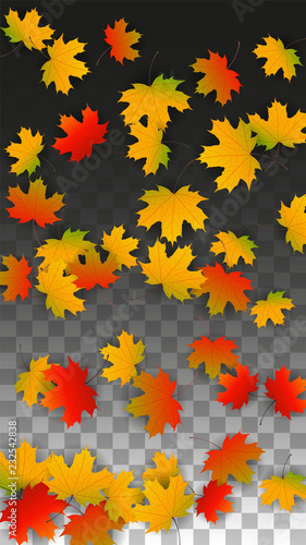 September Vector Background with Golden Falling Leaves. Autumn Illustration with Maple Red, Orange, Yellow Foliage. Isolated Leaf on Transparent Background. Bright Swirl. Suitable for Posters.