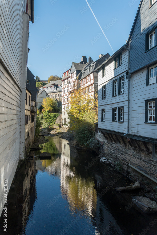 Picturesque timber framed houses along the Rur River in the historic center of Monschau, Aachen, Germany