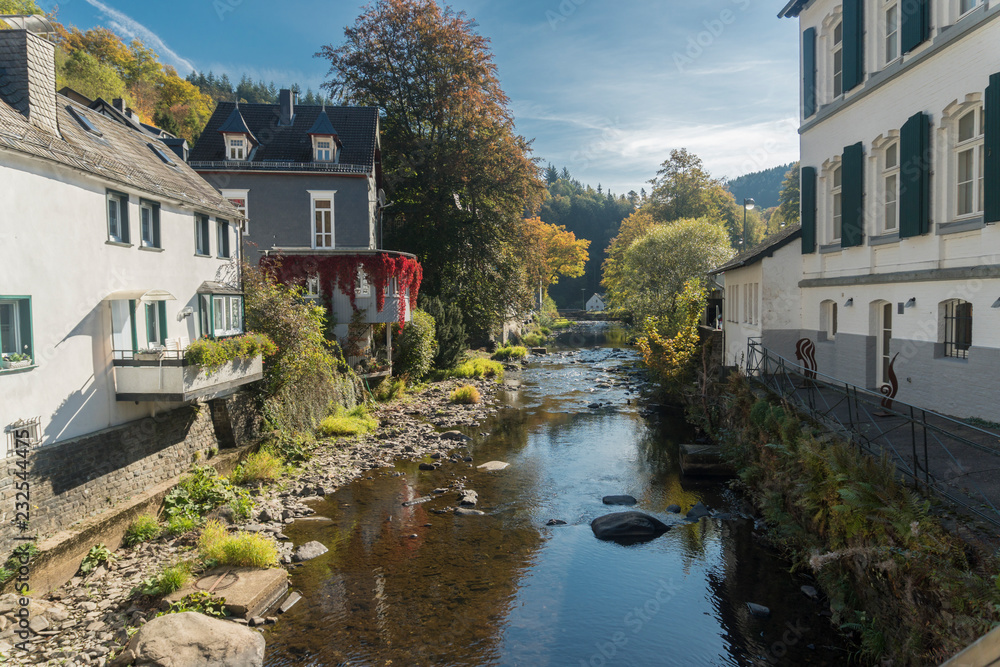 Picturesque houses along the Rur River in the historic center of Monschau, Aachen, Germany