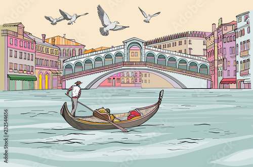 Venecia cityscape view. Gondola in Grand Canal.