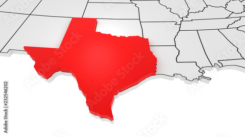 Texas state highlighted in red on 3D map of the United States