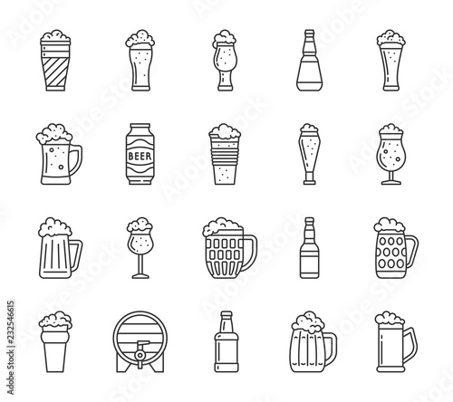 Beer glass mug simple black line icons vector set