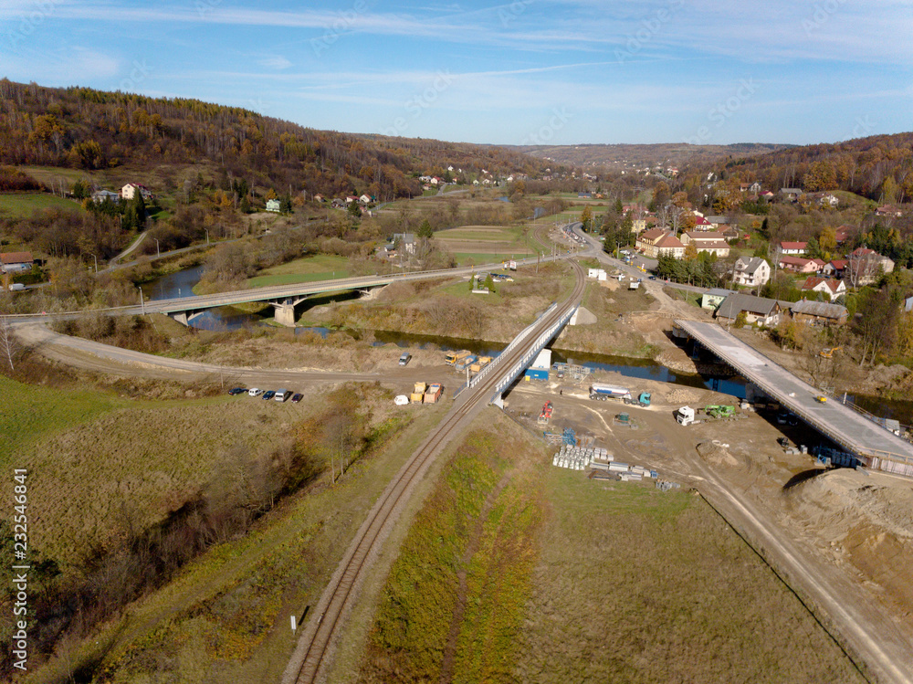 Strzyzow, Polska - 10 9 2018: The construction of a new high-speed highway. Bird's-eye view. Aerial photography from the drone or quadrocopter. Land and construction work on the landscape