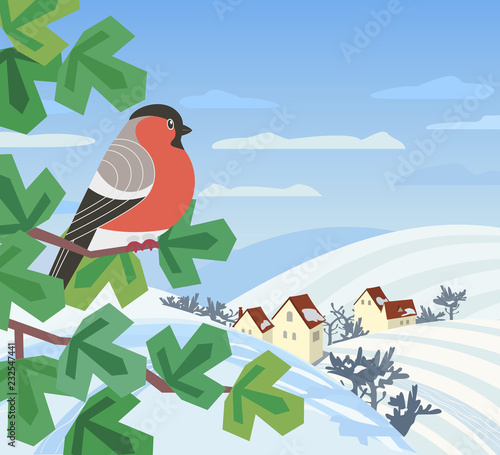 Cute red Bullfinch bird sitting on tree. Minimal cartoon style winter birds of woodland, backyard. Birdwatching design idea. Merry Christmas, New year eve greeting card background. Vector illustration