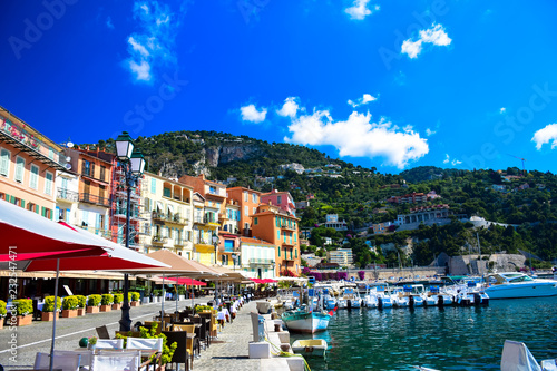 Waterfront view of the village of Villefranche-Sur-Mer on the French Riviera near Nice, France