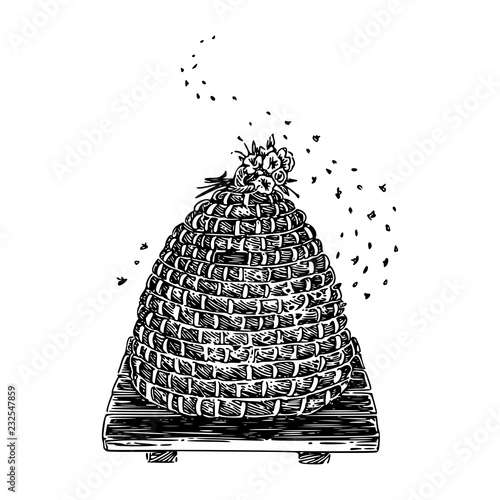Wicker hive decorated bouquet flowersand swarm of bees. Sketch. Engraving style. Vector illustration.