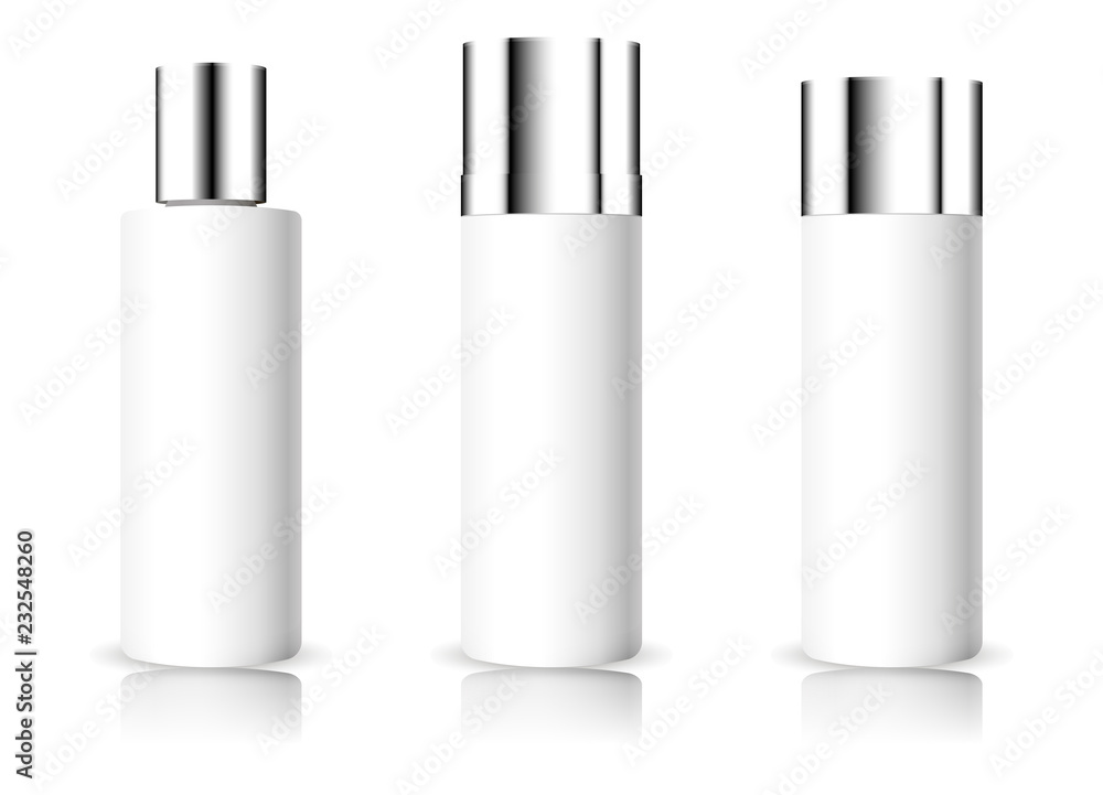 Blank cosmetic white bottles with glossy mirror cap mocup. 3d Vector illustration of container for beauty product. Blank cosmetic white bottles with glossy mirror cap mocup. 3d Vector illustration of container for beauty product.