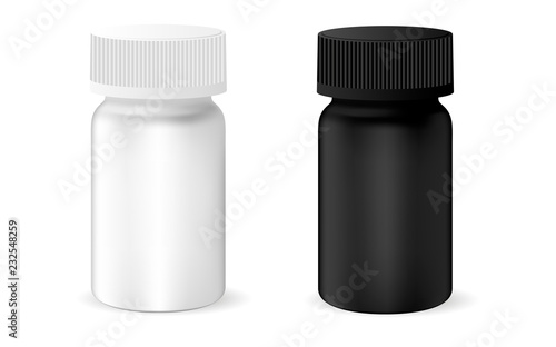 Pharmaceutical drug bottle for pills, capsules. Black and white container mock up. 3d vector illustration.