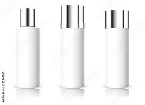 Blank cosmetic white bottles with glossy mirror cap mocup. 3d Vector illustration of container for beauty product.