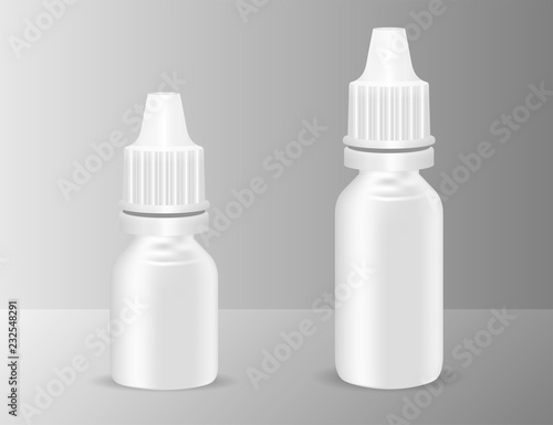 Set of white realistic plastic medical bottles with dropper. Pharmacy flask or vials for anti-aging essential, eye or nasal drops. Mock up vector flacons illustration isolated on gray.
