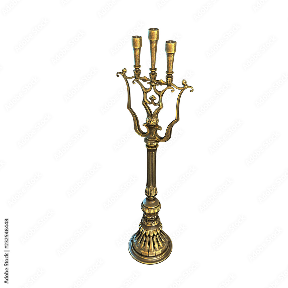 royal golden candlestick floor for 3 candles 3d illustration on a white background.3D illustration