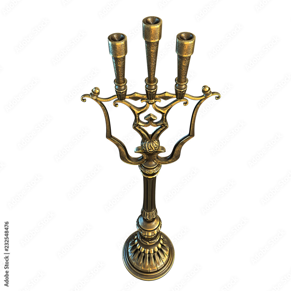 royal golden candlestick floor for 3 candles 3d illustration on a white background.3D illustration royal golden candlestick floor for 3 candles 3d illustration on a white background.3D illustration