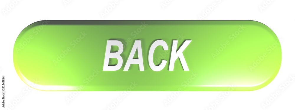 Green rounded rectangle push button BACK - 3D rendering Green rounded rectangle push button BACK - 3D rendering