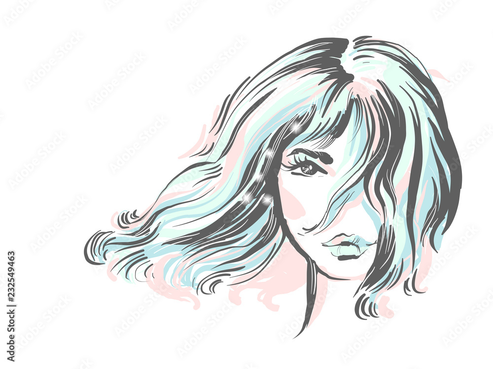 Beautiful girl portrait. Bob hairstyle. Vector. Tender colored fashion illustration with sparkles
