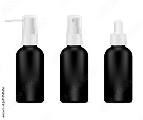 Black bottles set for cosmetics or medical needs. Sprayer and dropper jars with white caps.