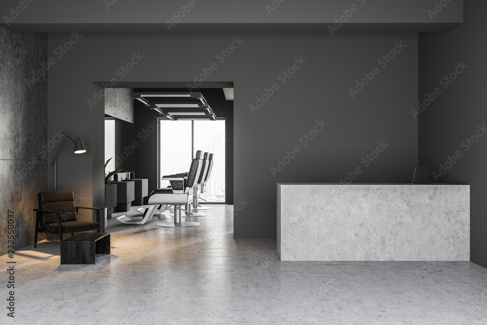 Fototapeta premium Side view of barber shop interior, reception
