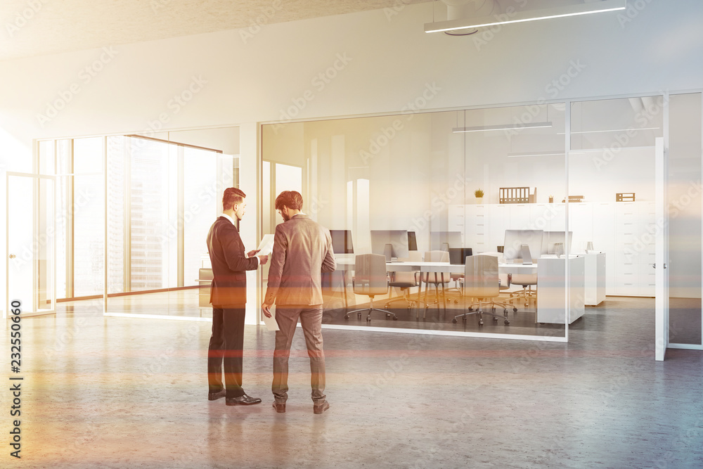 Fototapeta premium White office lobby with glass wall, people