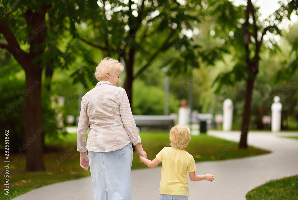 Fototapeta premium Beautiful granny and her little grandchild walking together in park