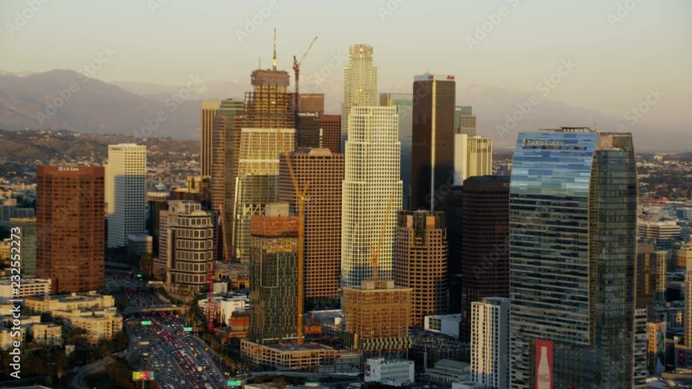 Aerial view of sunset over buildings in Financial District Los Angeles Aerial view of sunset over buildings in Financial District Los Angeles