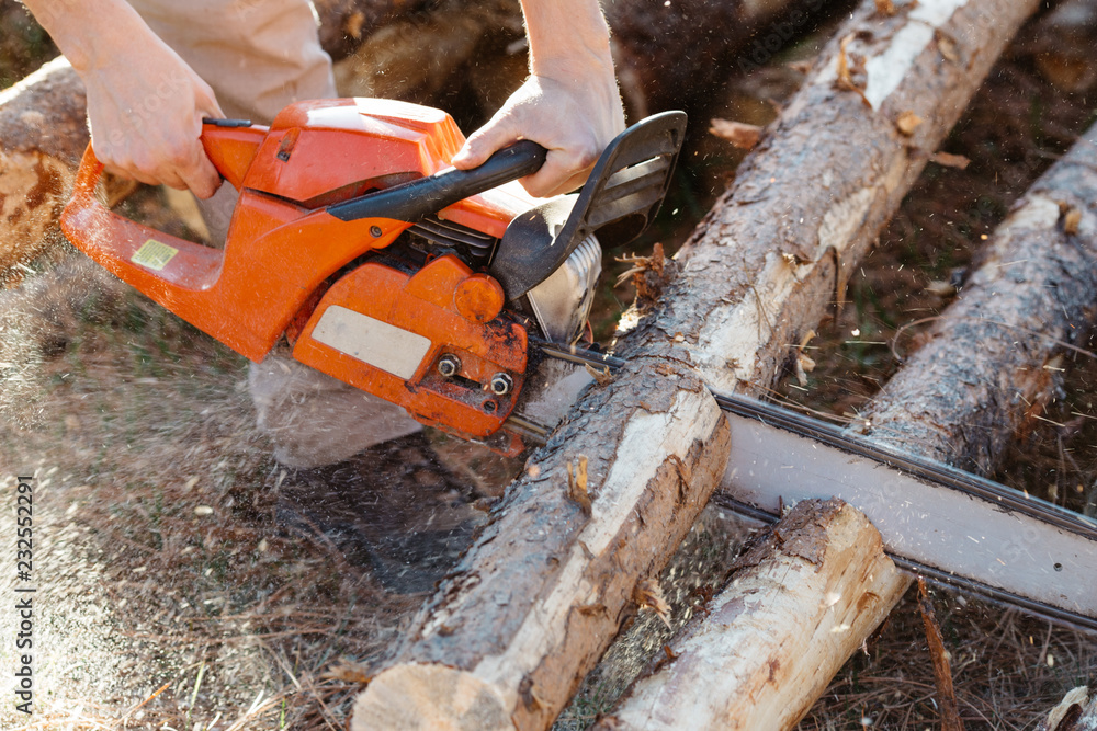 Man cutting firewood with chainsaw.