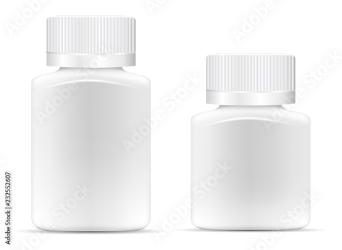 Pharmaceutical wide square drug bottle for pills, capsules. White container mock up. 3d vector illustration.