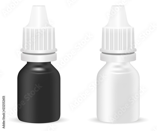 Set of black and white realistic plastic medical bottles with dropper. Pharmacy flask or vials for anti-aging essential, eye or nasal drops. Mock up vector flacons illustration isolated on white.