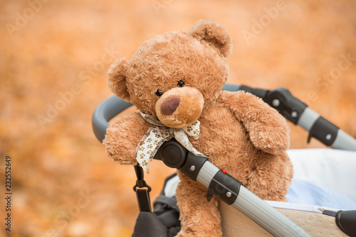 Soft toy bear in a baby carriage in the fall. Landscape in warm colors
