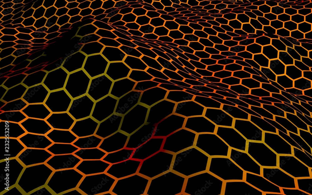 Honeycomb wave effect on a red yellow background. Perspective view on polygon look like honeycomb. Isometric geometry. 3D illustration Honeycomb wave effect on a red yellow background. Perspective view on polygon look like honeycomb. Isometric geometry. 3D illustration