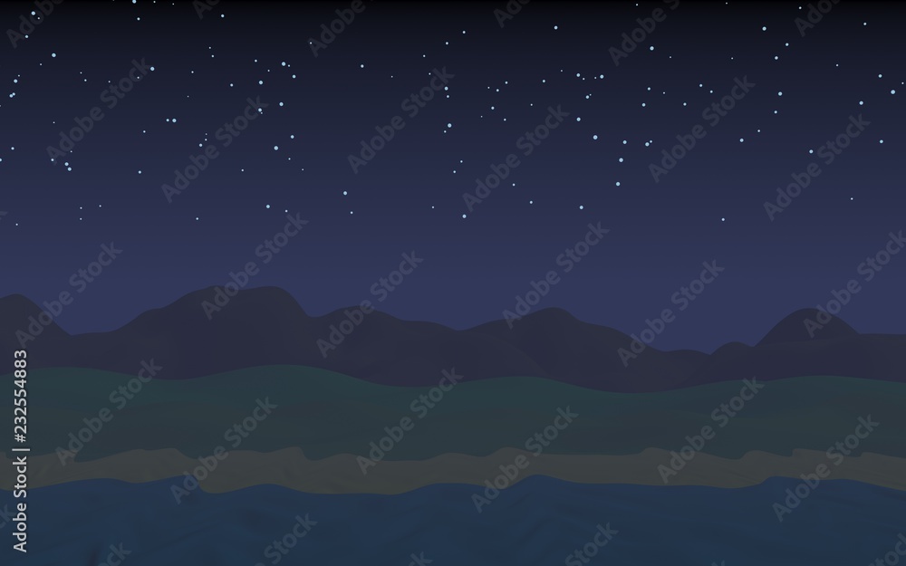 Starry moonless sky. Ocean shore line with waves on a beach. Island beach paradise with waves. Vacation, summer, relaxation. Seascape, seashore. Minimalist landscape, primitivism. 3D illustration Starry moonless sky. Ocean shore line with waves on a beach. Island beach paradise with waves. Vacation, summer, relaxation. Seascape, seashore. Minimalist landscape, primitivism. 3D illustration