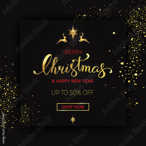 Merry Christmas sale banner on black background with christmas decor elements. Vector