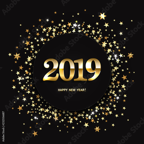 Vector illustration of new year 2019 background with christmas gold stars confetti
