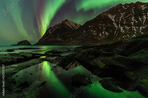 Norway - Lofoten island - aurora reflexion in pool in Haukland