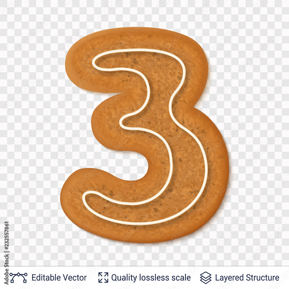 Naklejka premium Gingerbread number three symbol with drop shadow.
