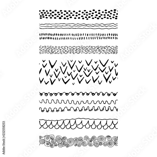Set of Hand Drawn Borders in Ethnic Style. Aztec art dividers. Tribal background. Can be used in fabric design for making of clothes, accessories; creating decorative paper, wrapping