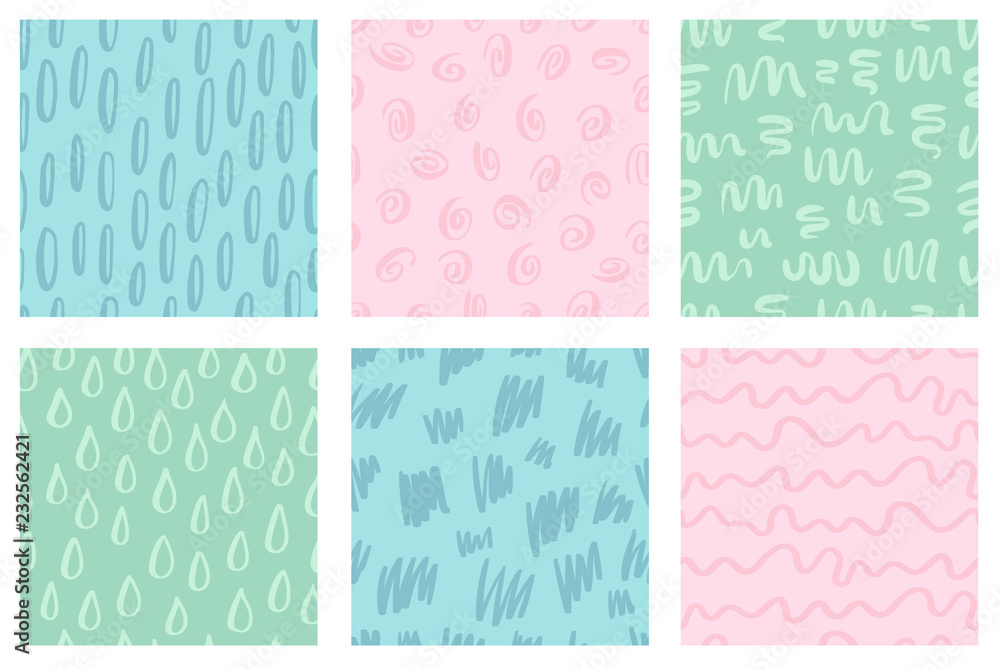 Set of cute abstract seamless pastel colored patterns. Hand drawn doodle elements. Scandinavian design style. Vector illustration for kids textile, baby stuff, backgrounds etc