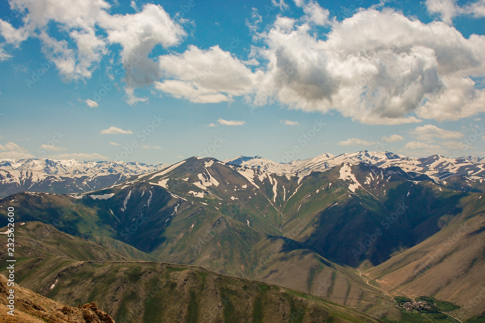 Landscape of snowy mountains and peak with blue sky and clouds.