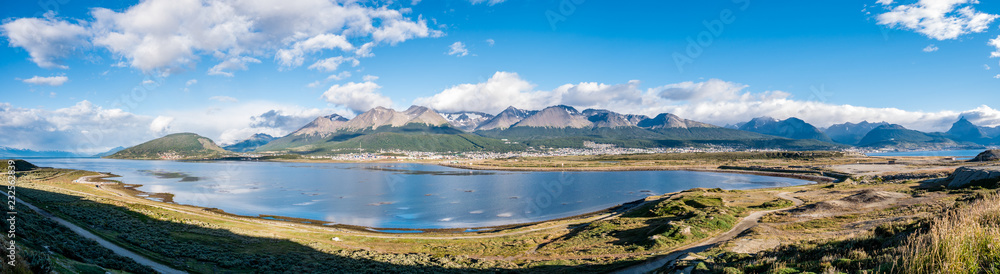 Skyline of Ushuaia with Martial mountains and Beagle Channel, Terra del Fuego, Patagonia, Argentina