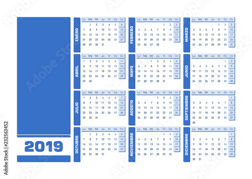 Calendario 2019 en español castellano con espacio para añadir imagen o texto. Diseño vectorial con todos los elementos convenientemente agrupados y organizados para una edición sencilla.