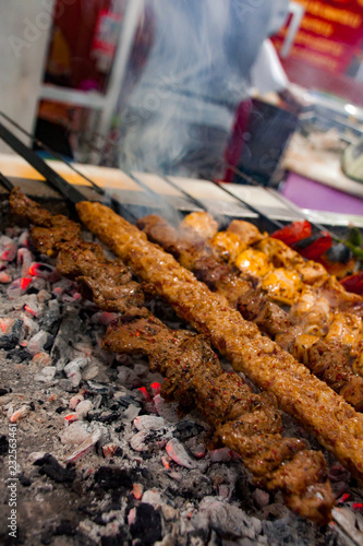 Close up of traditional Turkish minced lamb meat kebab, cutlet kebab and chicken kebab.