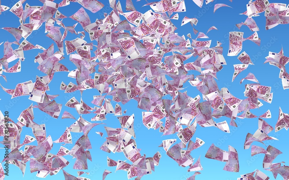 Obraz premium Flying euro banknotes against the sky background. Money is flying in the air. 500 EURO in color. 3D illustration
