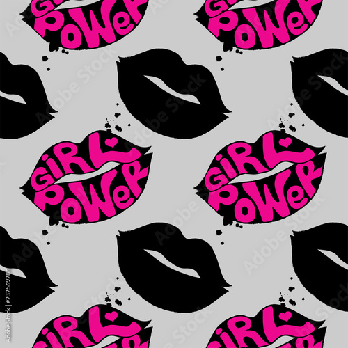 Seamless pattern with grunge lips and girl power lettering. Feminist slogan. 