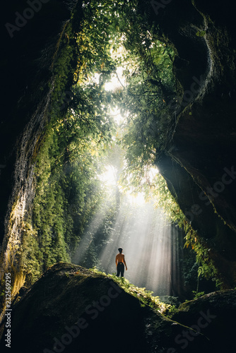 Man standing in forest in sunbeams, Yosemite National Park