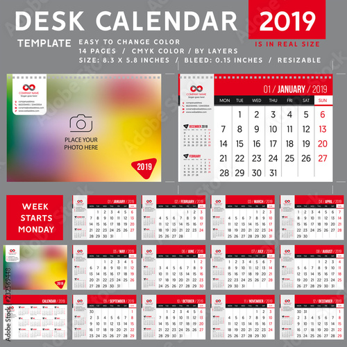 Desk calendar 2019. desktop calendar template. Week starts on Monday. Vector Illustration. suitable for company spiral calendar, red