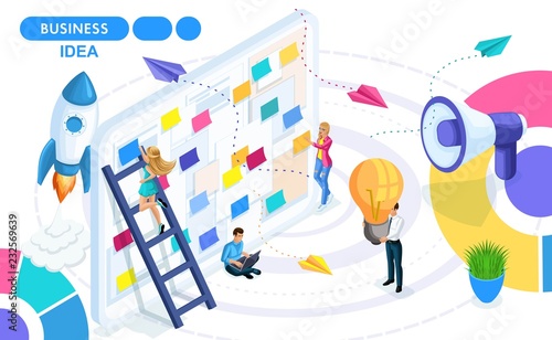 Isometric Concept of developing, creating and implementing a business idea, a startup. Isometric people on the move. Concepts for web banners and printed materials