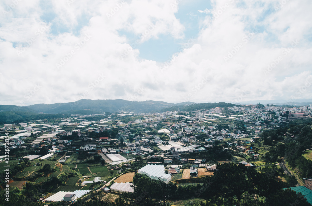 Obraz premium Dalat city, Vietnam, View of many houses from hill, The architecture of Dalat, Cityscape, Panorama landscape. a Lat (Dalat) is famous for its wide variety of flowers, vegetables and fruit.