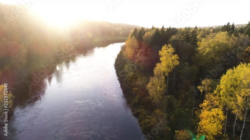 Aerial drone shot of forests and river valley in autumn in Sigulda, Gauja National Park, Latvia