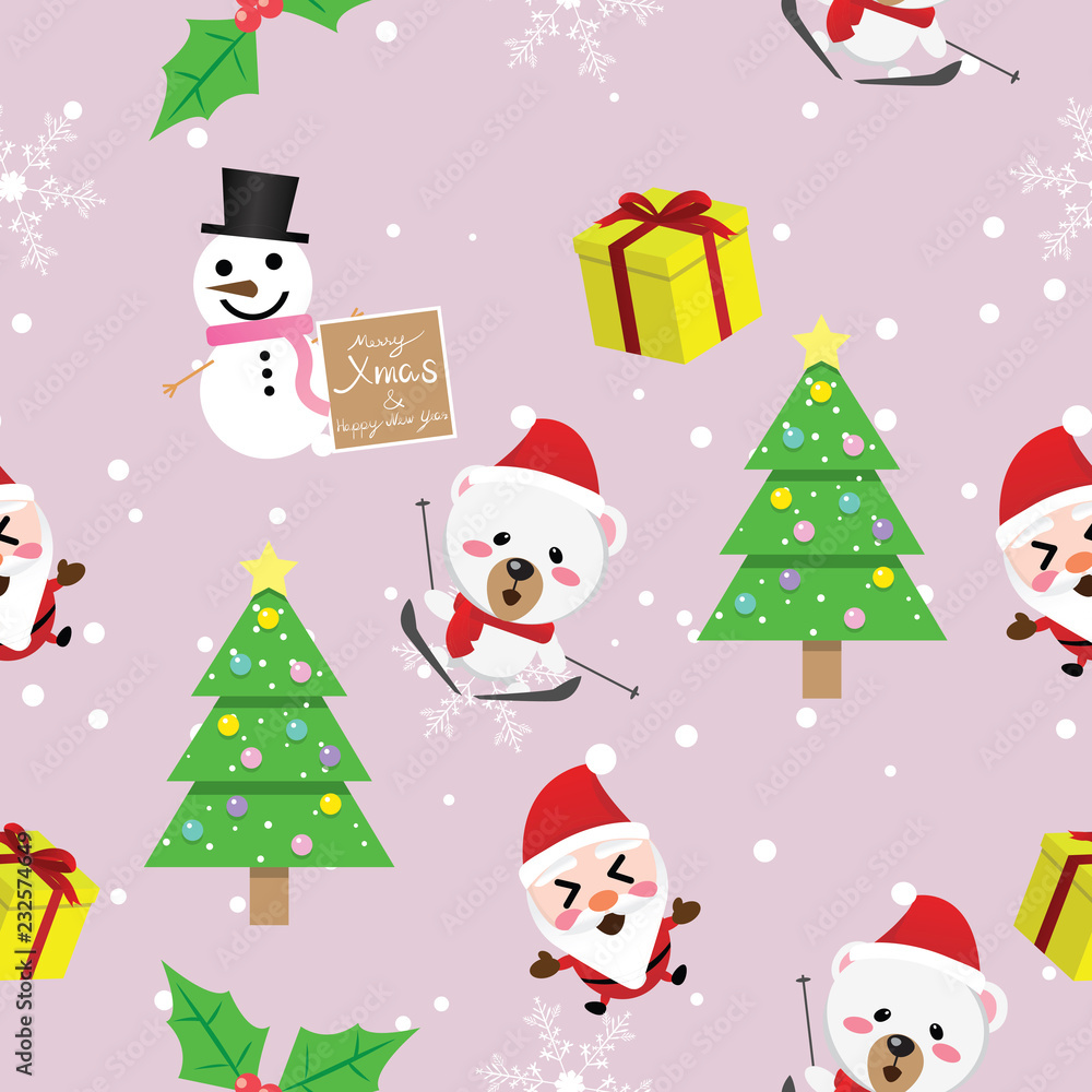 Christmas seamless pattern,winter,happy new year,christmas tree,panda,snow man