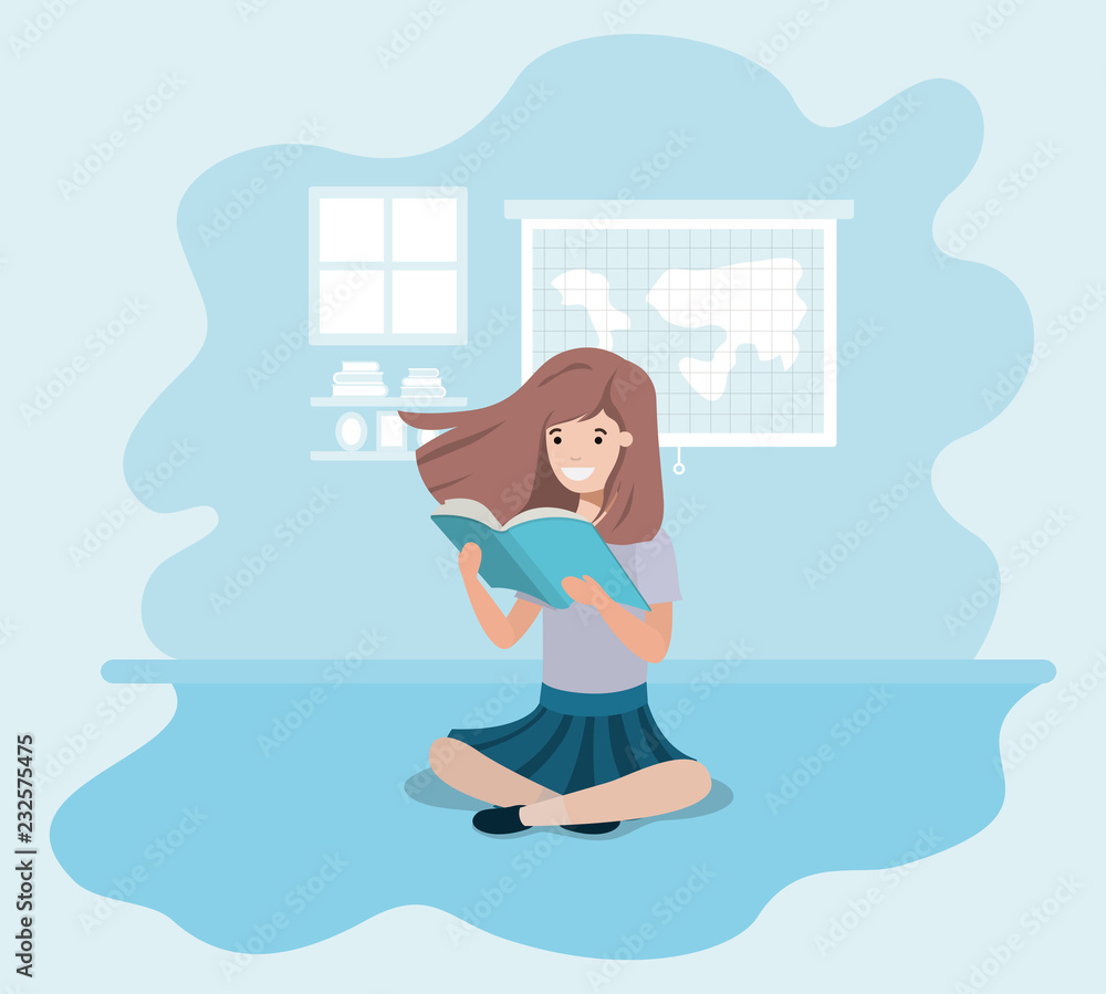 Obraz premium young student girl sitting reading book