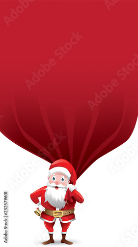 Santa Claus pulling huge bag of gifts or present. blank advertisement banner background with copy space for text promo, discount offer, car, poster, invitation isolated on white background