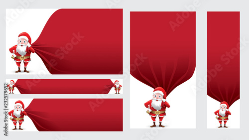 Santa Claus pulling huge bag of gifts or present. blank advertisement banner background with copy space for text promo, discount offer, car, poster, invitation isolated on white background